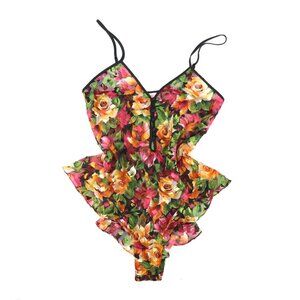 Vintage Vicotoria's Secret Gold Label Floral Ruffle Button Up Romper Lingerie S